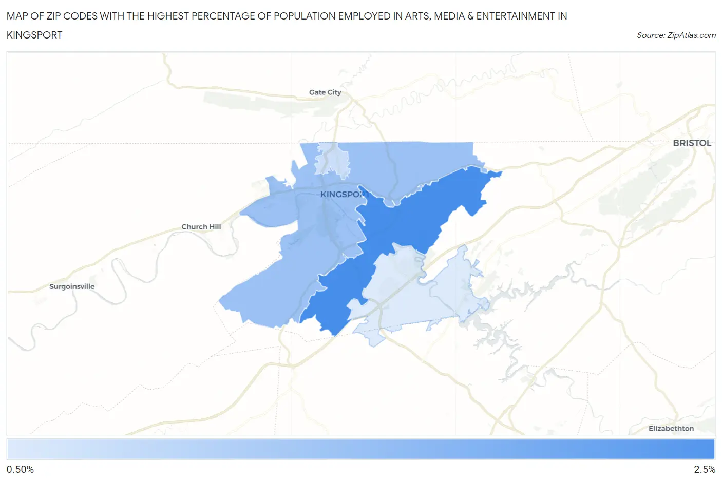 Zip Codes with the Highest Percentage of Population Employed in Arts, Media & Entertainment in Kingsport Map