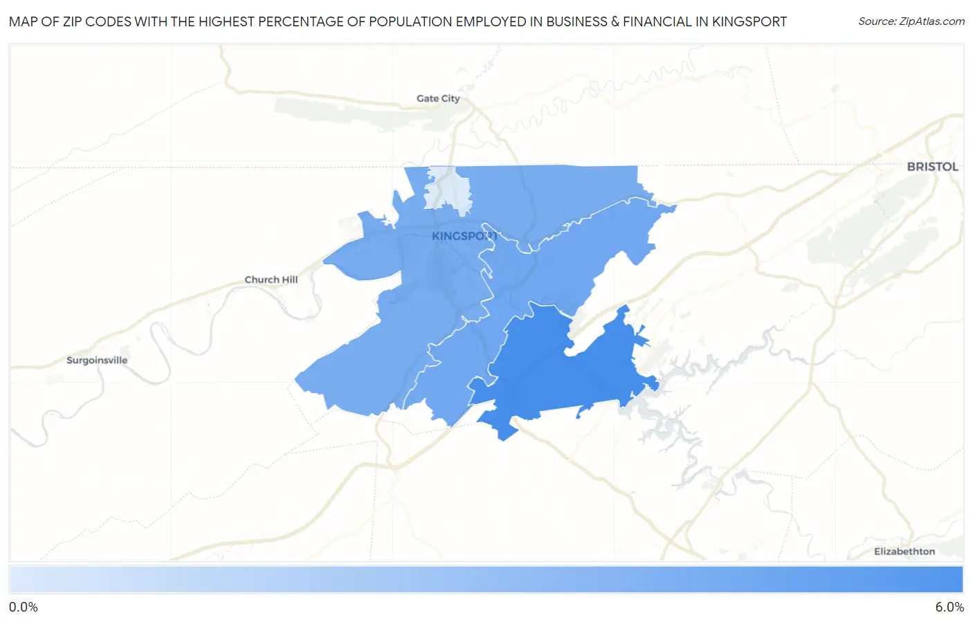 Zip Codes with the Highest Percentage of Population Employed in Business & Financial in Kingsport Map