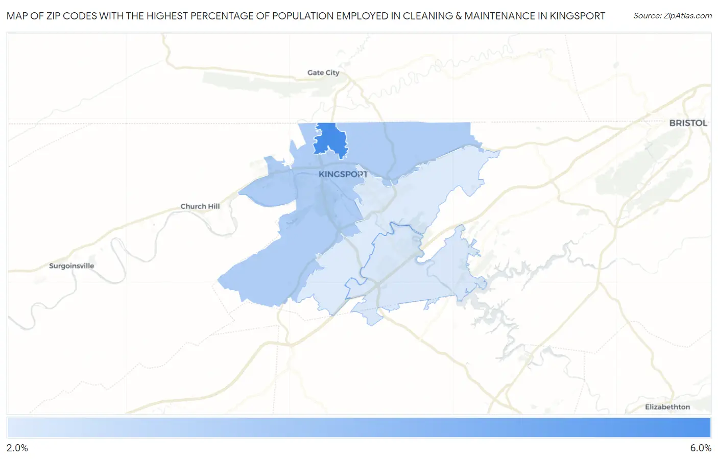 Zip Codes with the Highest Percentage of Population Employed in Cleaning & Maintenance in Kingsport Map