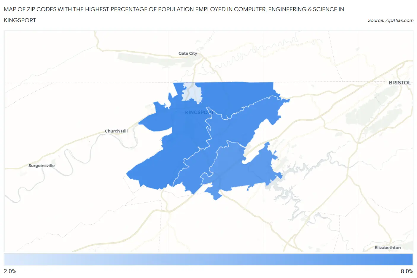 Zip Codes with the Highest Percentage of Population Employed in Computer, Engineering & Science in Kingsport Map