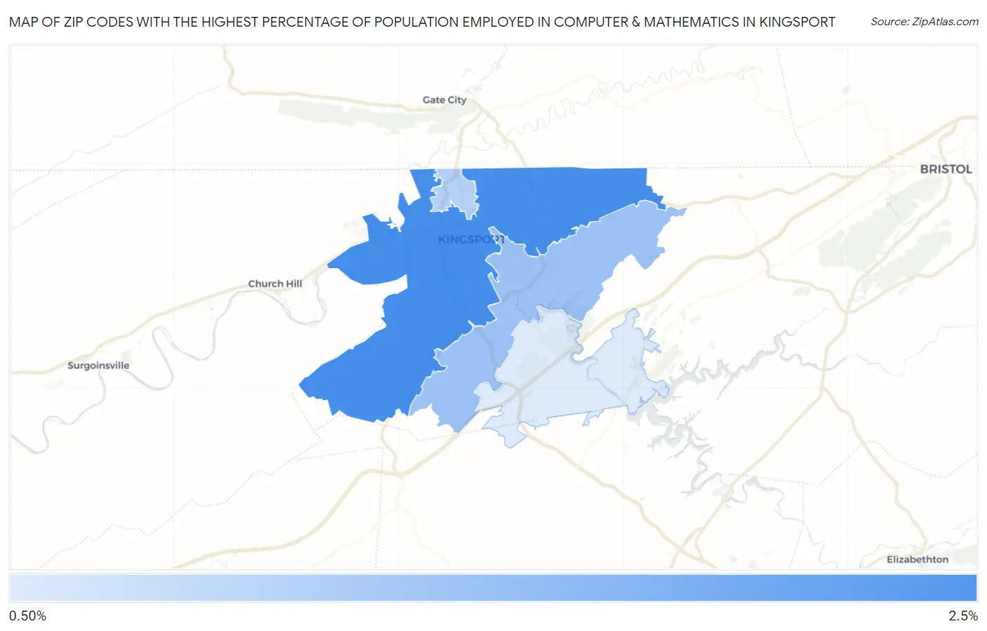 Zip Codes with the Highest Percentage of Population Employed in Computer & Mathematics in Kingsport Map
