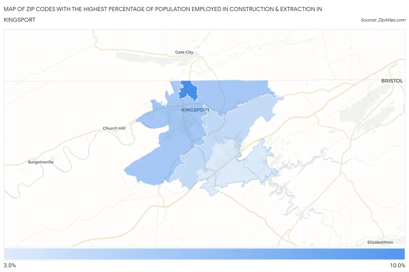 Zip Codes with the Highest Percentage of Population Employed in Construction & Extraction in Kingsport Map