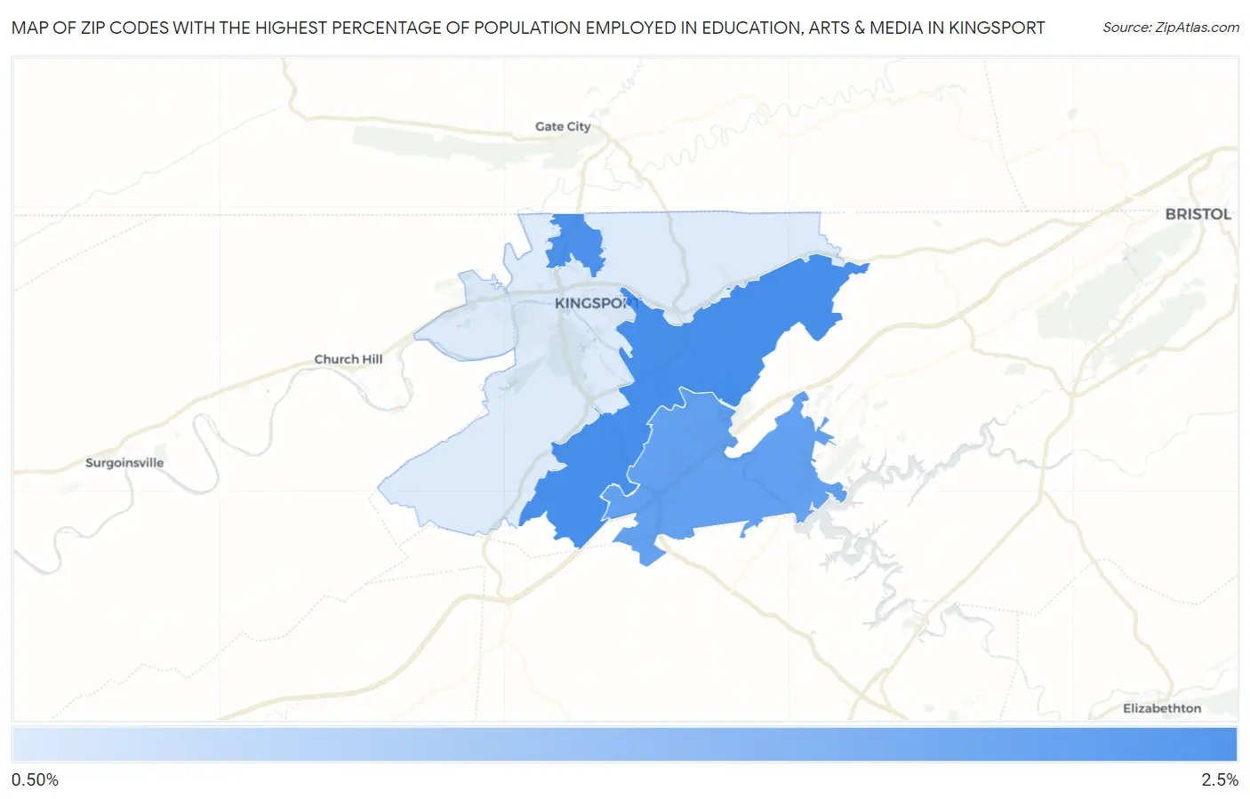 Zip Codes with the Highest Percentage of Population Employed in Education, Arts & Media in Kingsport Map