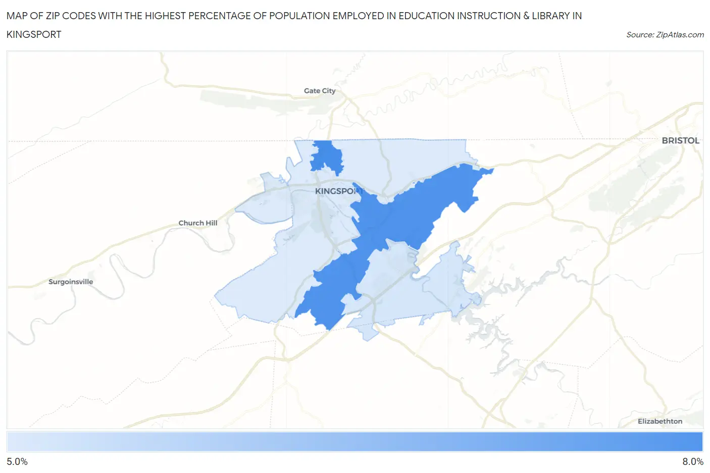 Zip Codes with the Highest Percentage of Population Employed in Education Instruction & Library in Kingsport Map