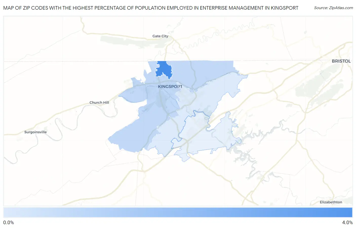 Zip Codes with the Highest Percentage of Population Employed in Enterprise Management in Kingsport Map