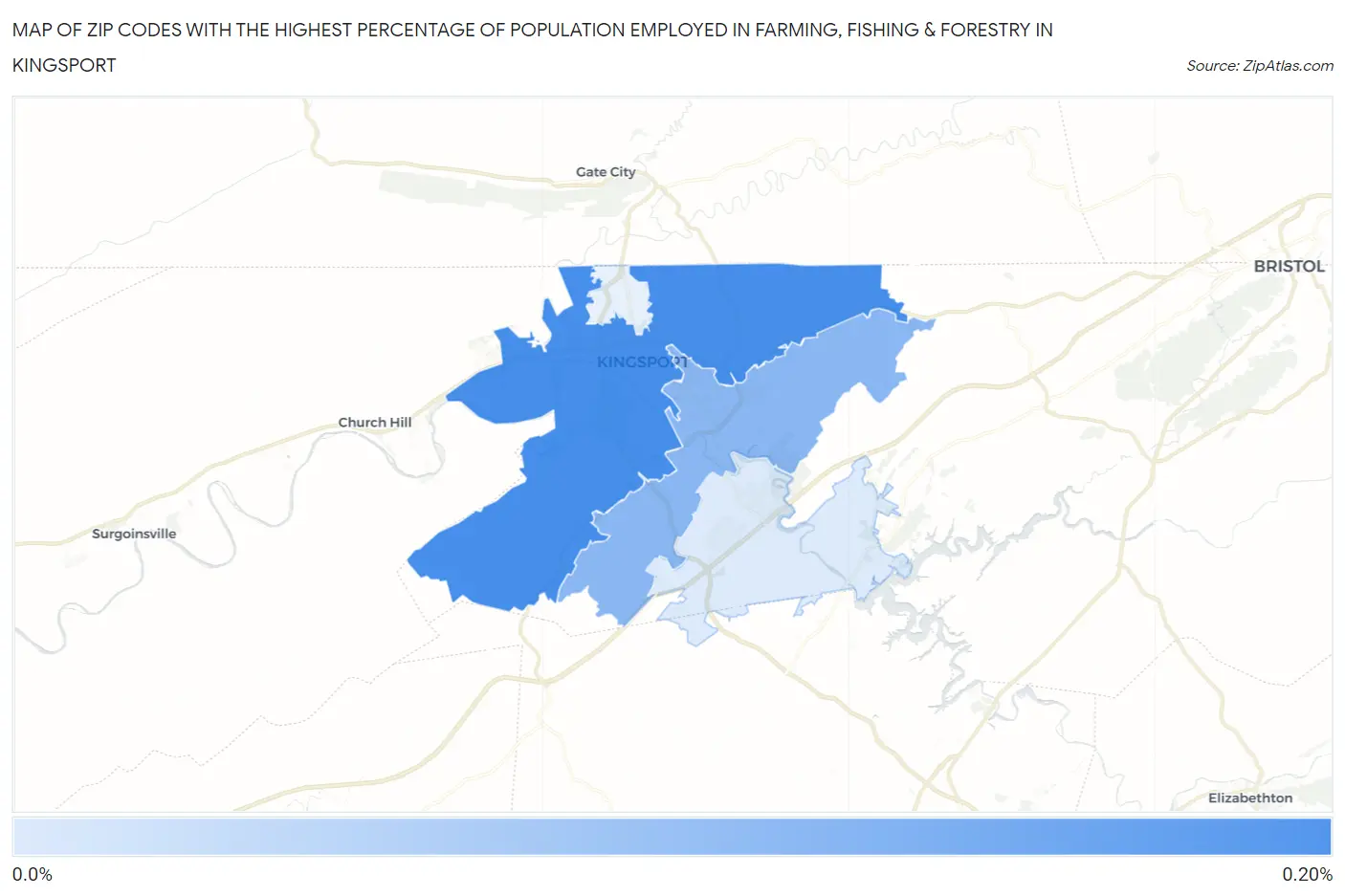 Zip Codes with the Highest Percentage of Population Employed in Farming, Fishing & Forestry in Kingsport Map