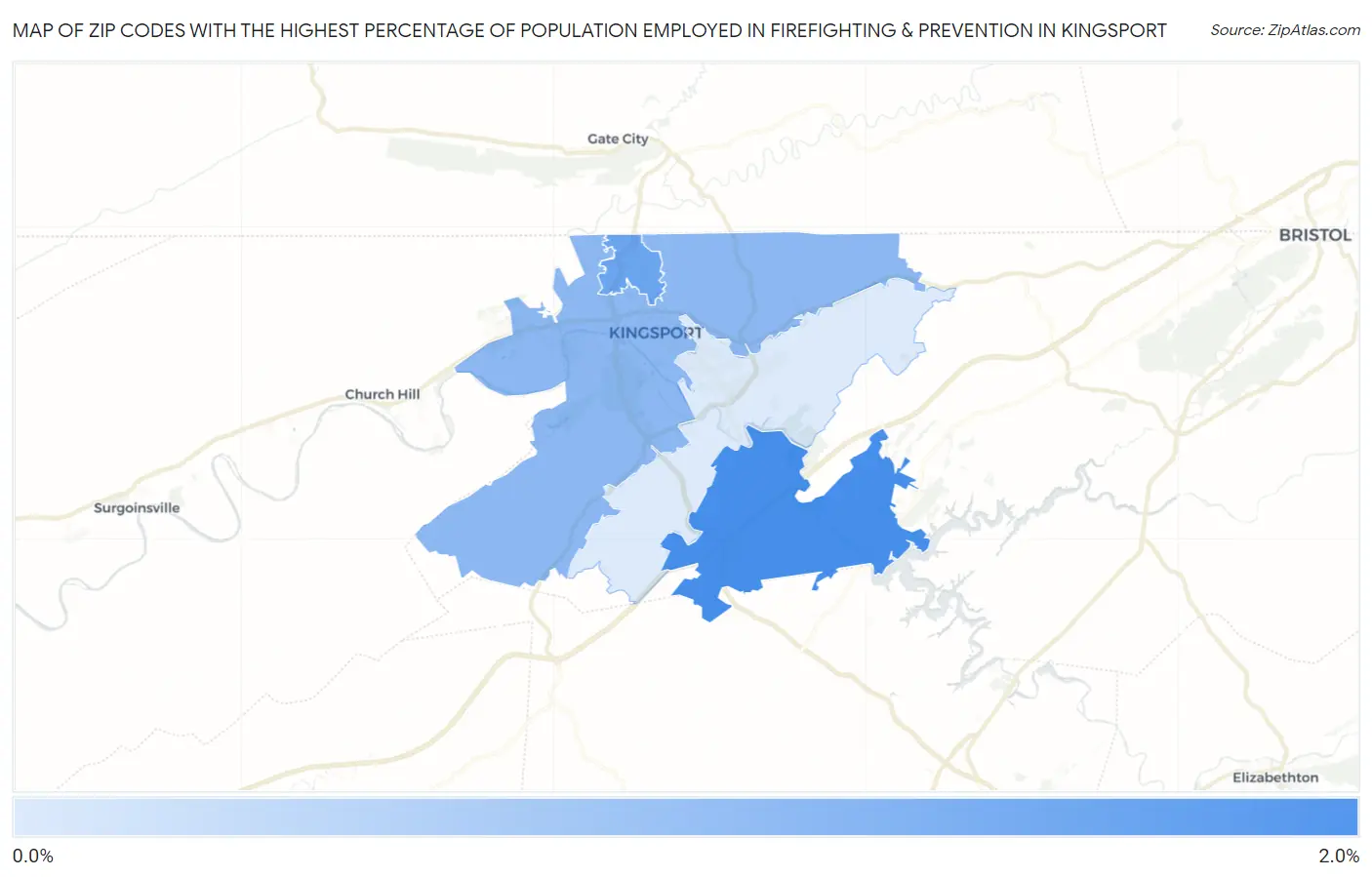 Zip Codes with the Highest Percentage of Population Employed in Firefighting & Prevention in Kingsport Map