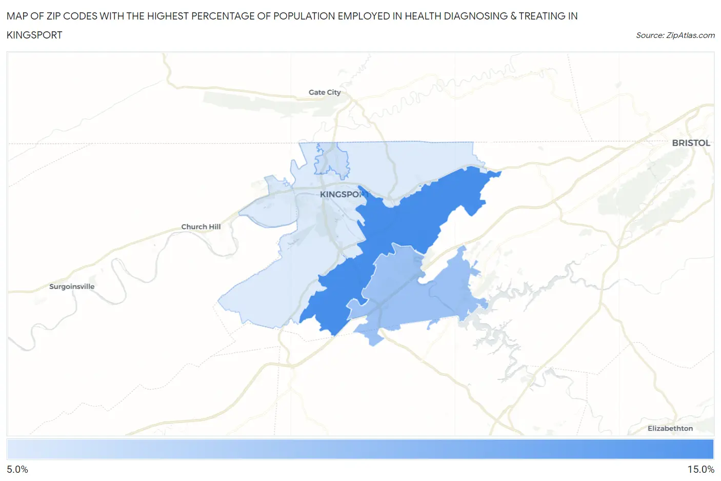 Zip Codes with the Highest Percentage of Population Employed in Health Diagnosing & Treating in Kingsport Map