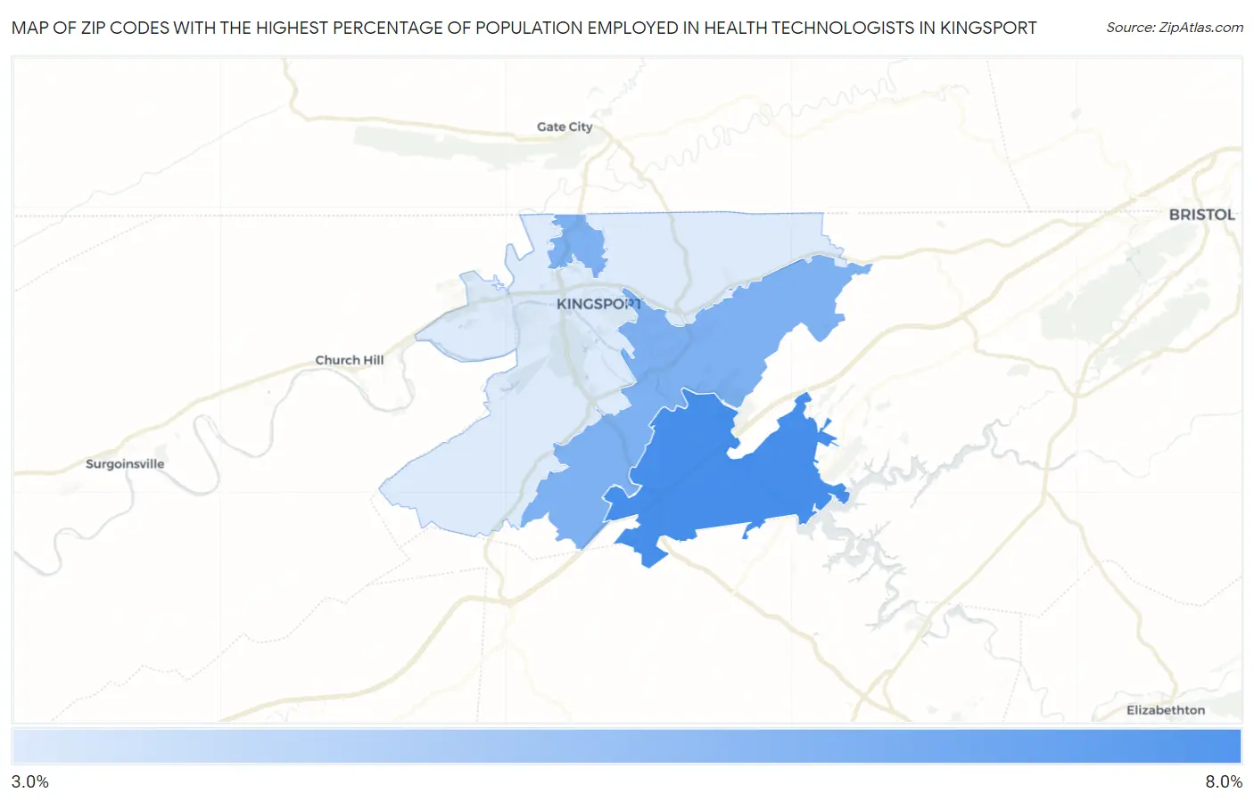 Zip Codes with the Highest Percentage of Population Employed in Health Technologists in Kingsport Map