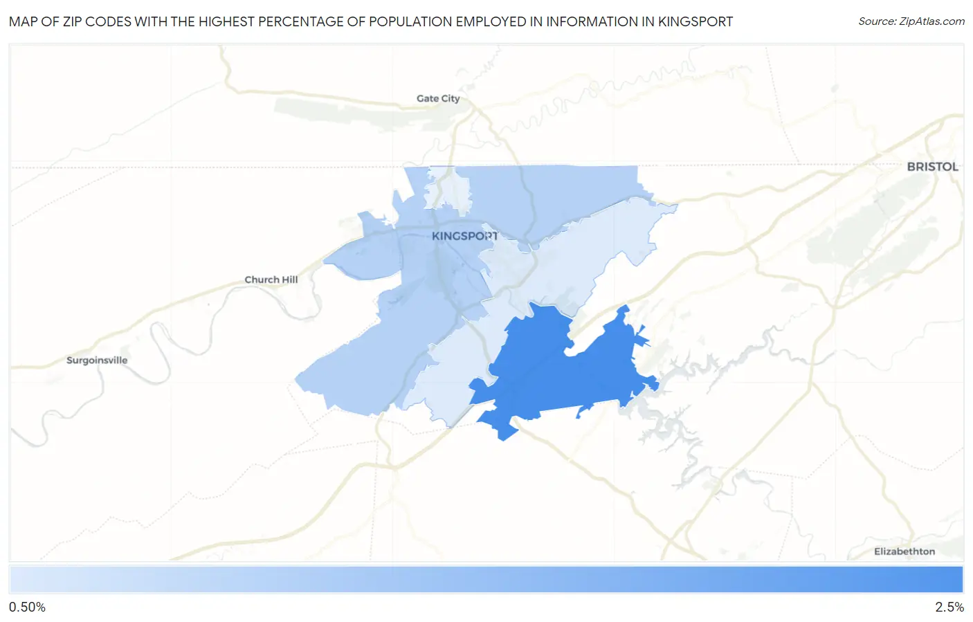 Zip Codes with the Highest Percentage of Population Employed in Information in Kingsport Map