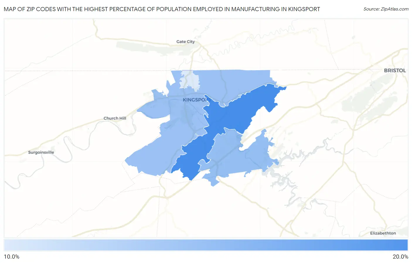 Zip Codes with the Highest Percentage of Population Employed in Manufacturing in Kingsport Map