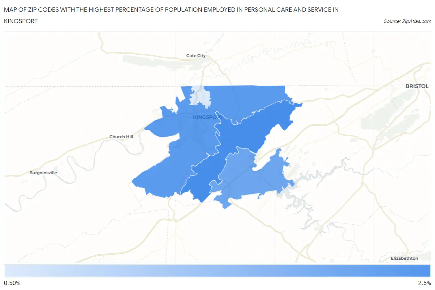 Zip Codes with the Highest Percentage of Population Employed in Personal Care and Service in Kingsport Map