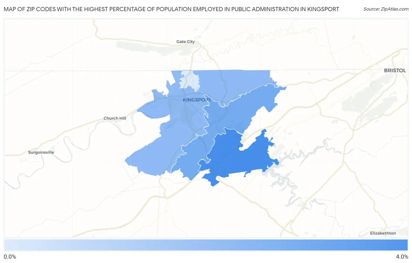 Zip Codes with the Highest Percentage of Population Employed in Public Administration in Kingsport Map