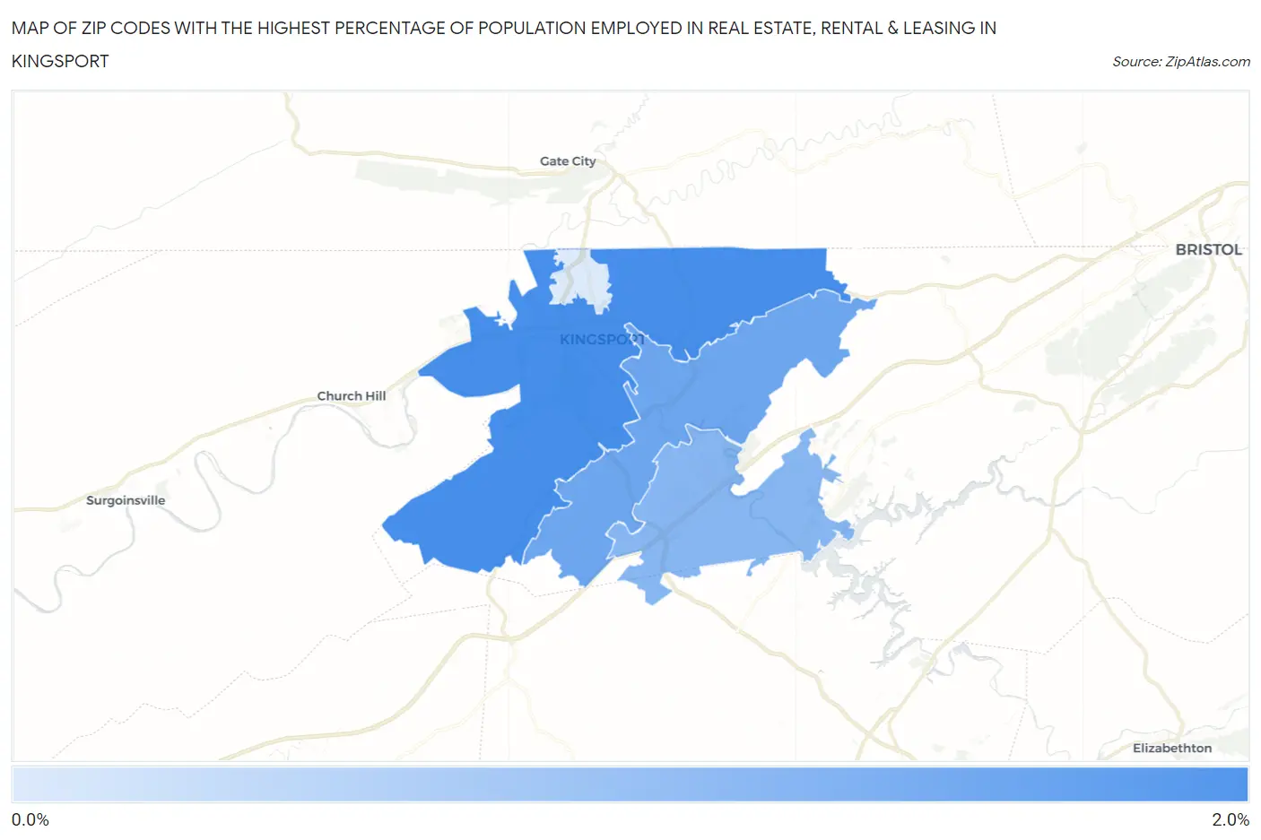 Zip Codes with the Highest Percentage of Population Employed in Real Estate, Rental & Leasing in Kingsport Map