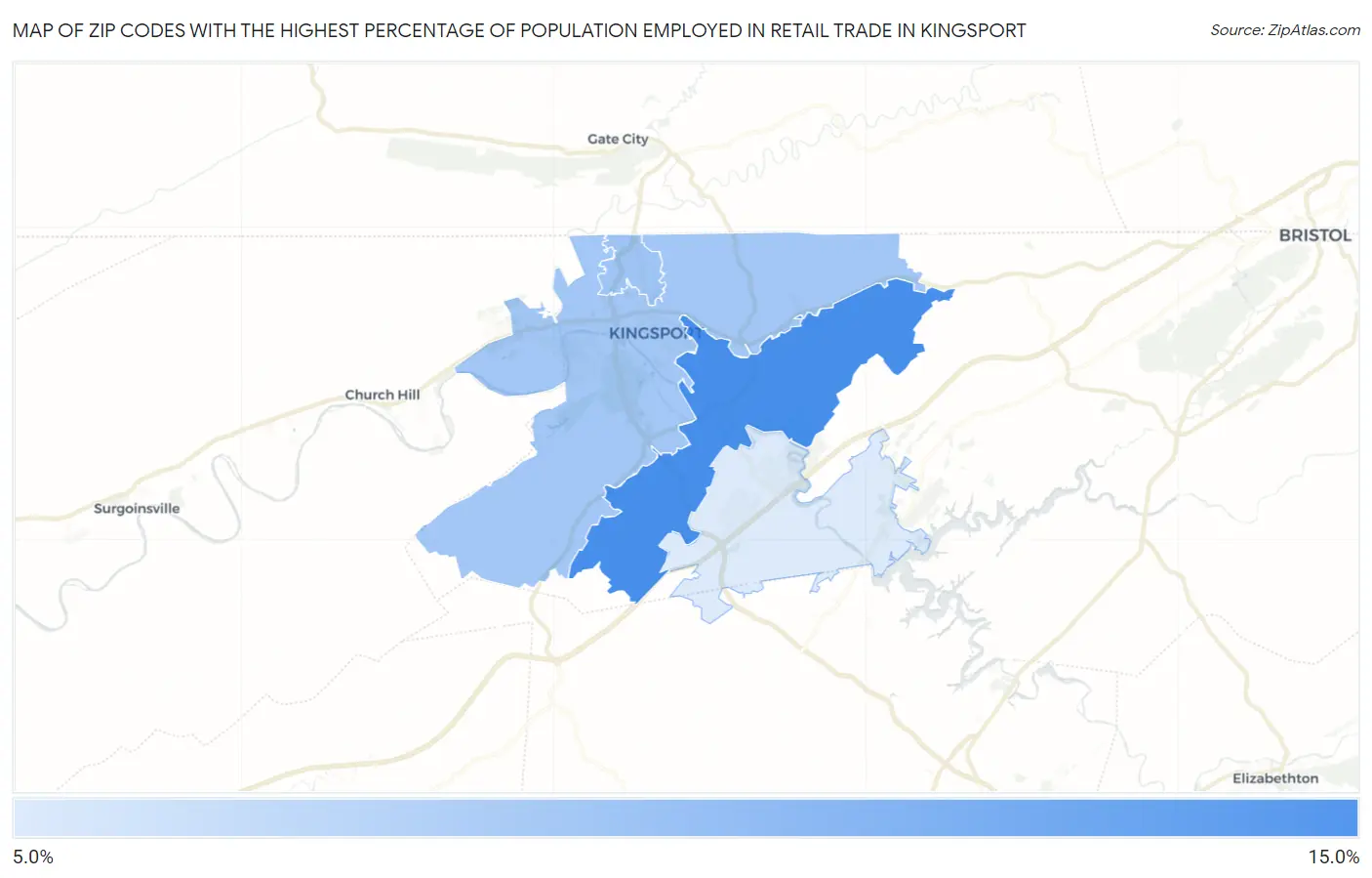 Zip Codes with the Highest Percentage of Population Employed in Retail Trade in Kingsport Map