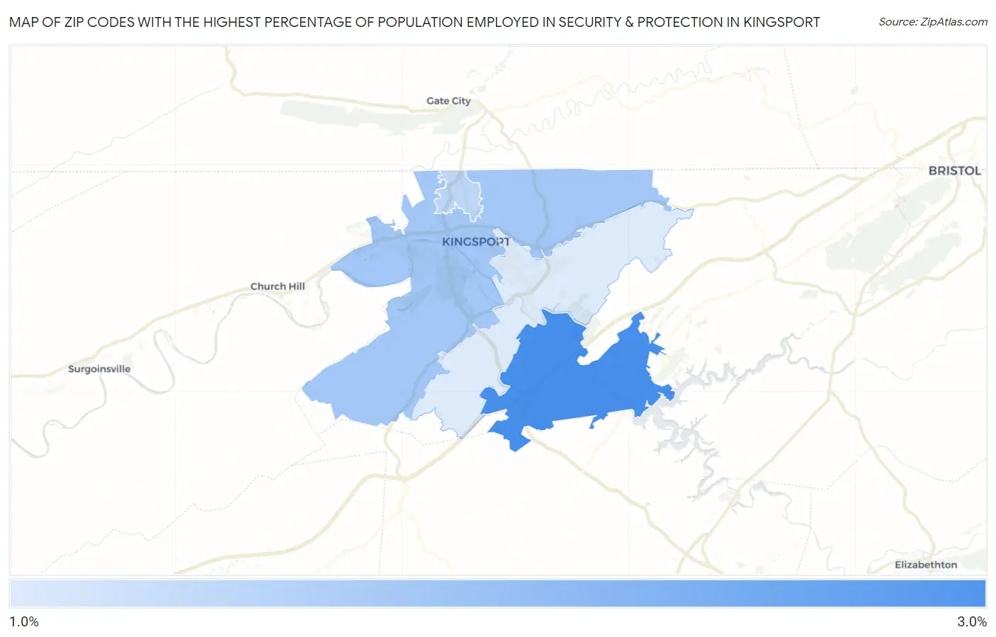 Zip Codes with the Highest Percentage of Population Employed in Security & Protection in Kingsport Map