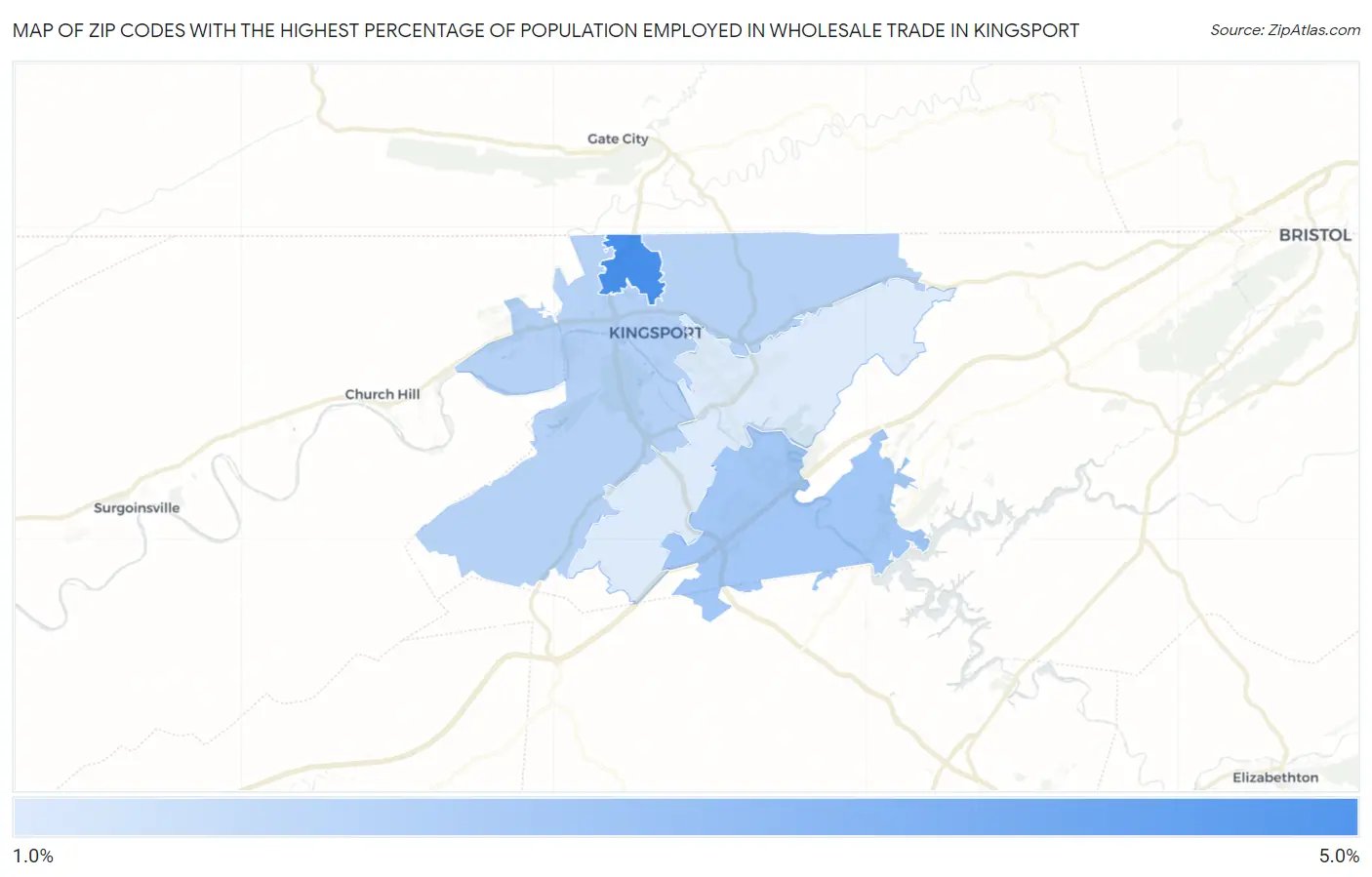 Zip Codes with the Highest Percentage of Population Employed in Wholesale Trade in Kingsport Map