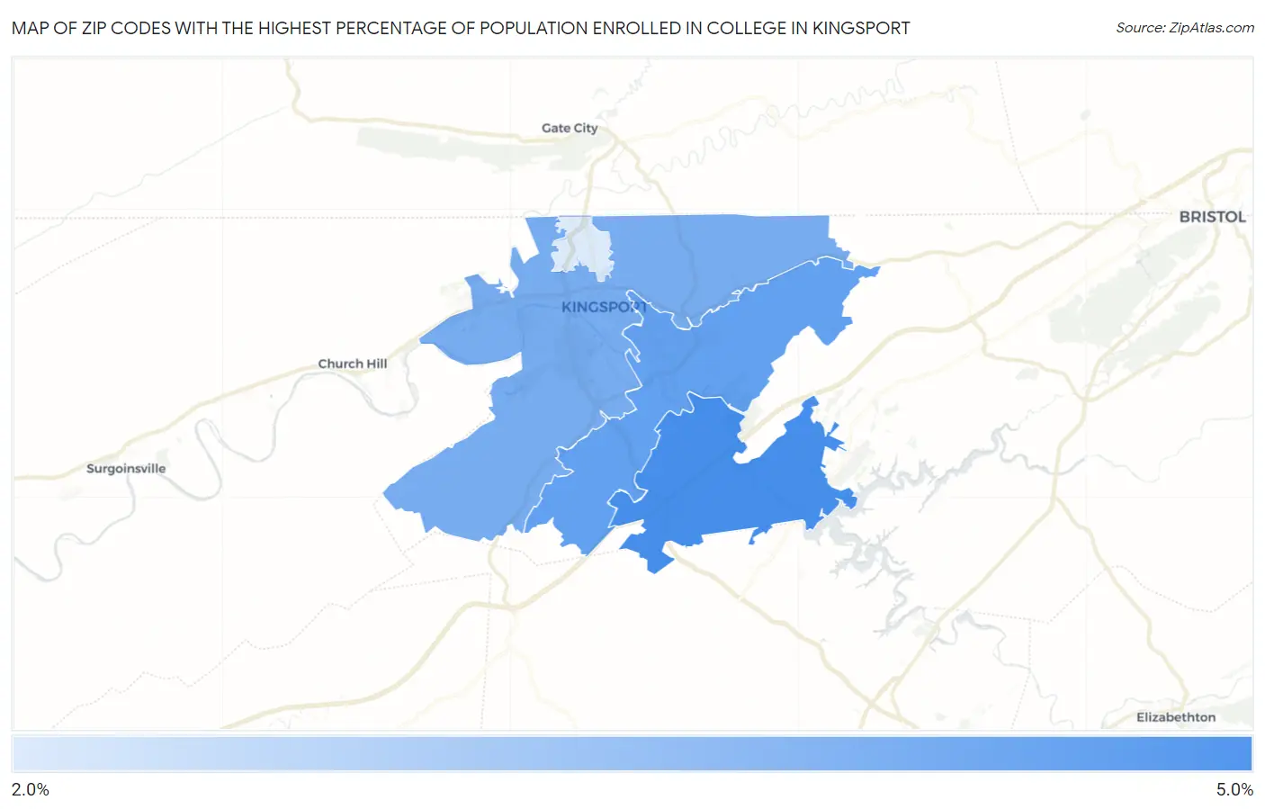 Zip Codes with the Highest Percentage of Population Enrolled in College in Kingsport Map