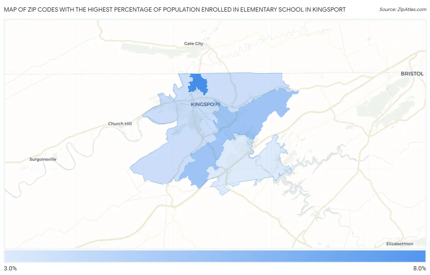 Zip Codes with the Highest Percentage of Population Enrolled in Elementary School in Kingsport Map