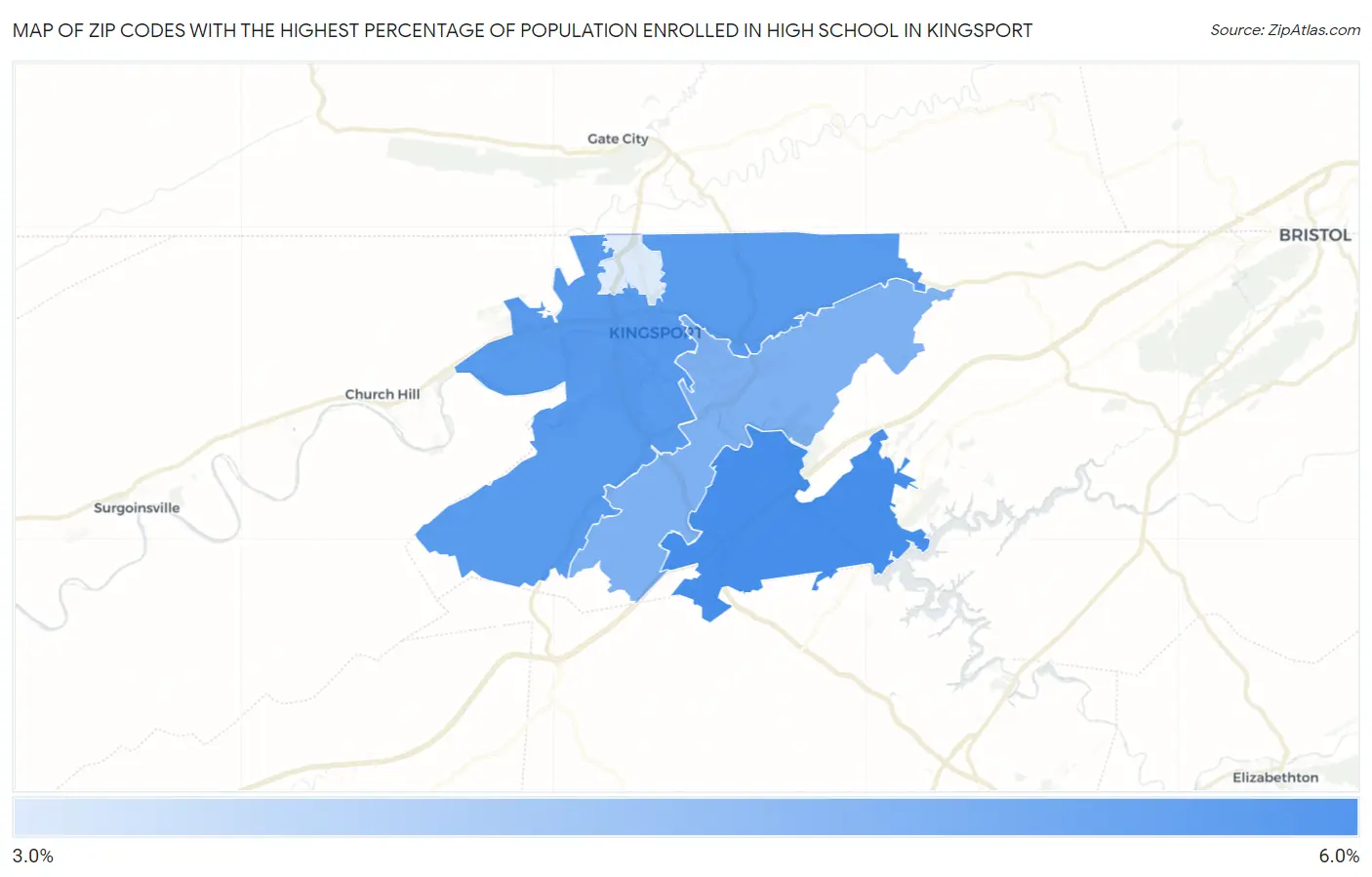 Zip Codes with the Highest Percentage of Population Enrolled in High School in Kingsport Map
