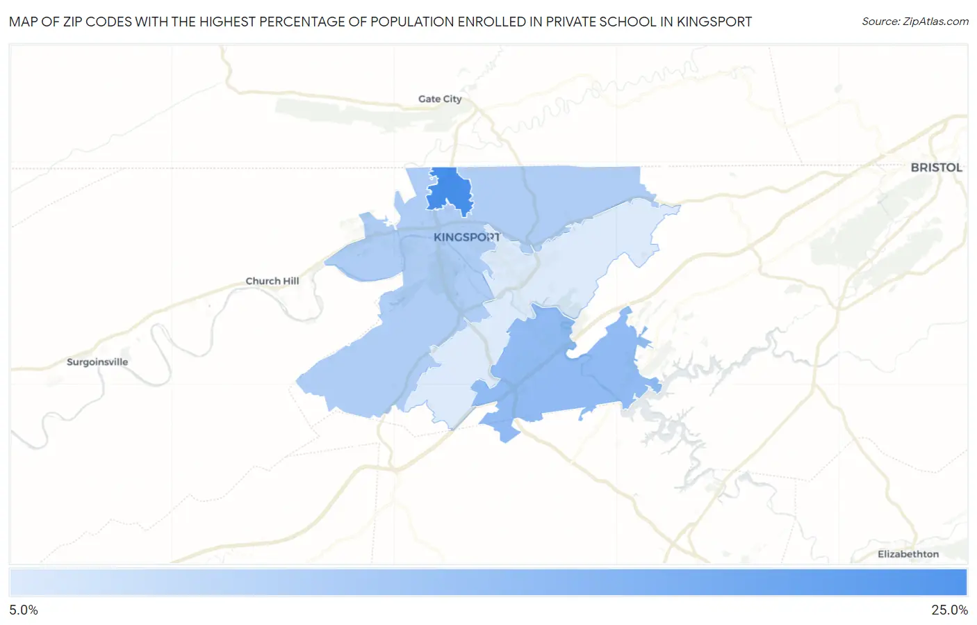 Zip Codes with the Highest Percentage of Population Enrolled in Private School in Kingsport Map