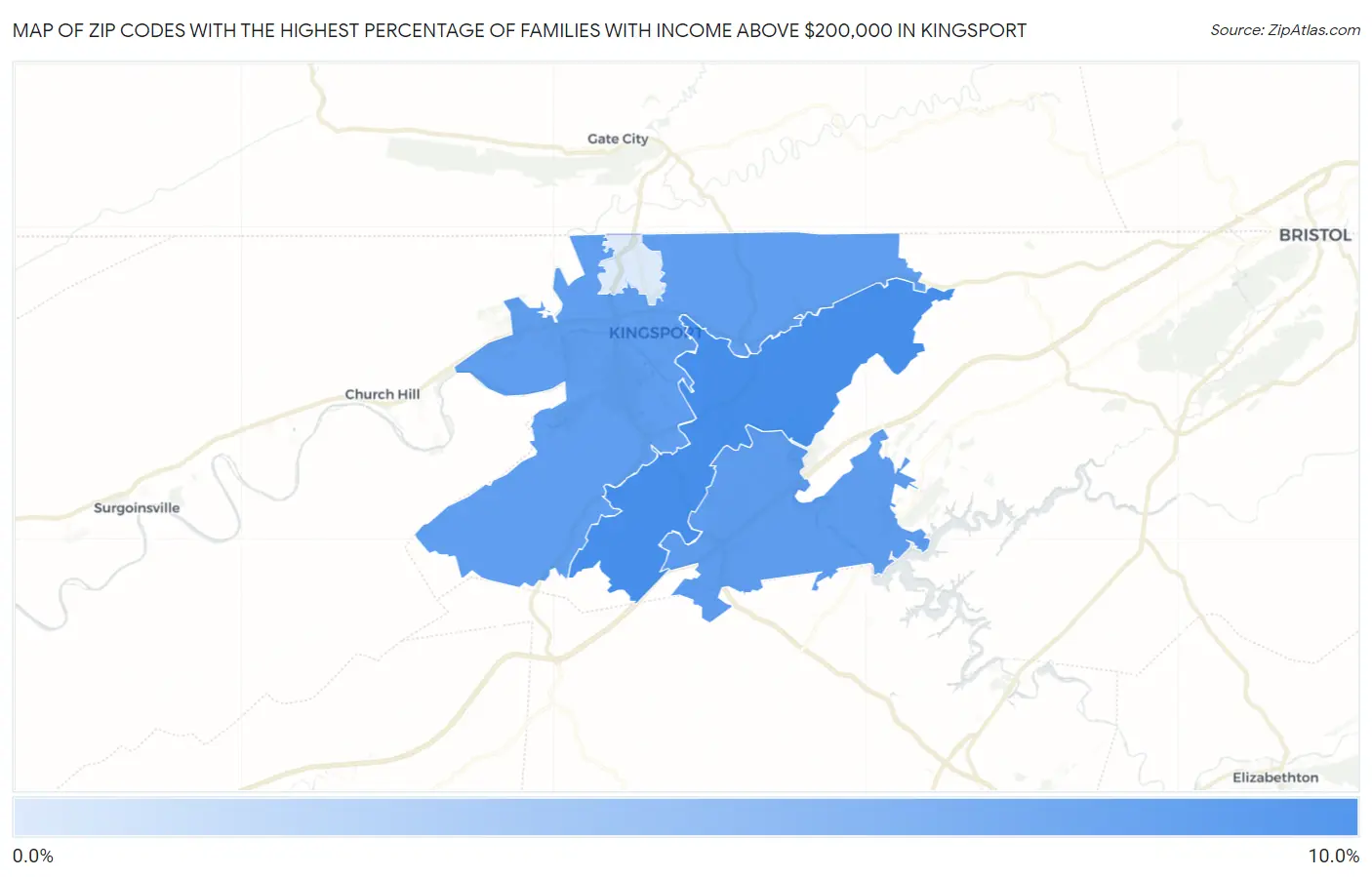 Zip Codes with the Highest Percentage of Families with Income Above $200,000 in Kingsport Map