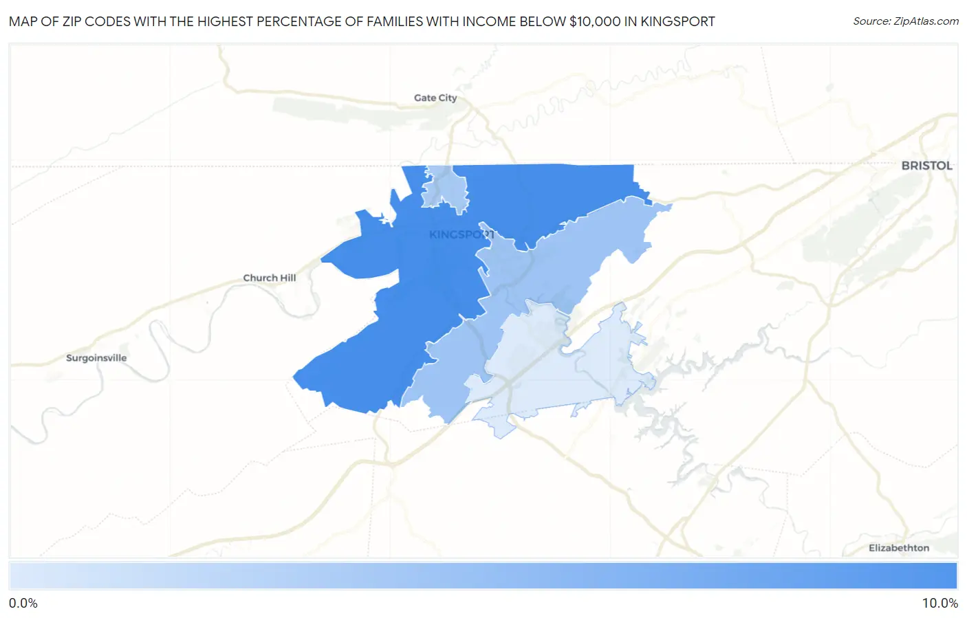 Zip Codes with the Highest Percentage of Families with Income Below $10,000 in Kingsport Map
