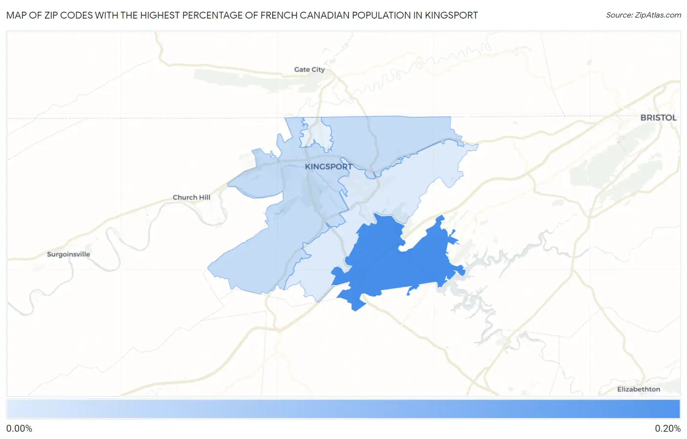 Zip Codes with the Highest Percentage of French Canadian Population in Kingsport Map