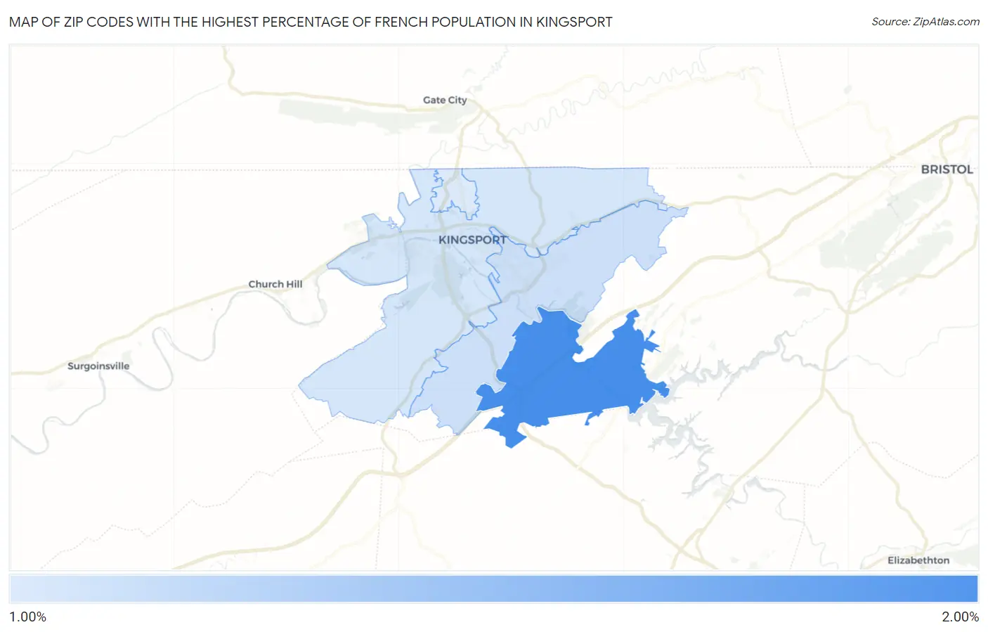 Zip Codes with the Highest Percentage of French Population in Kingsport Map