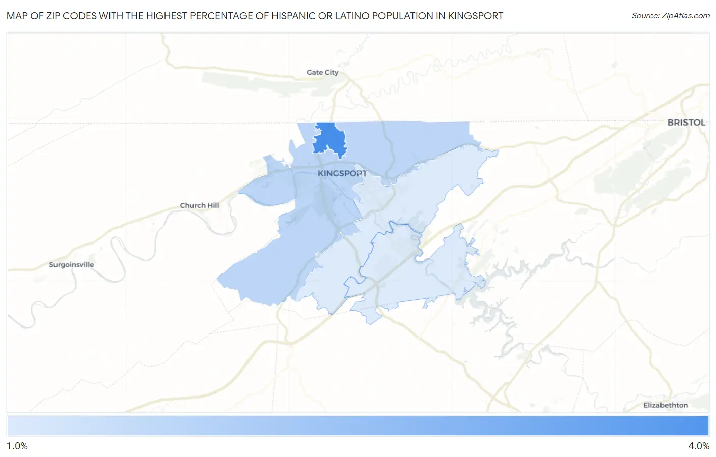 Zip Codes with the Highest Percentage of Hispanic or Latino Population in Kingsport Map