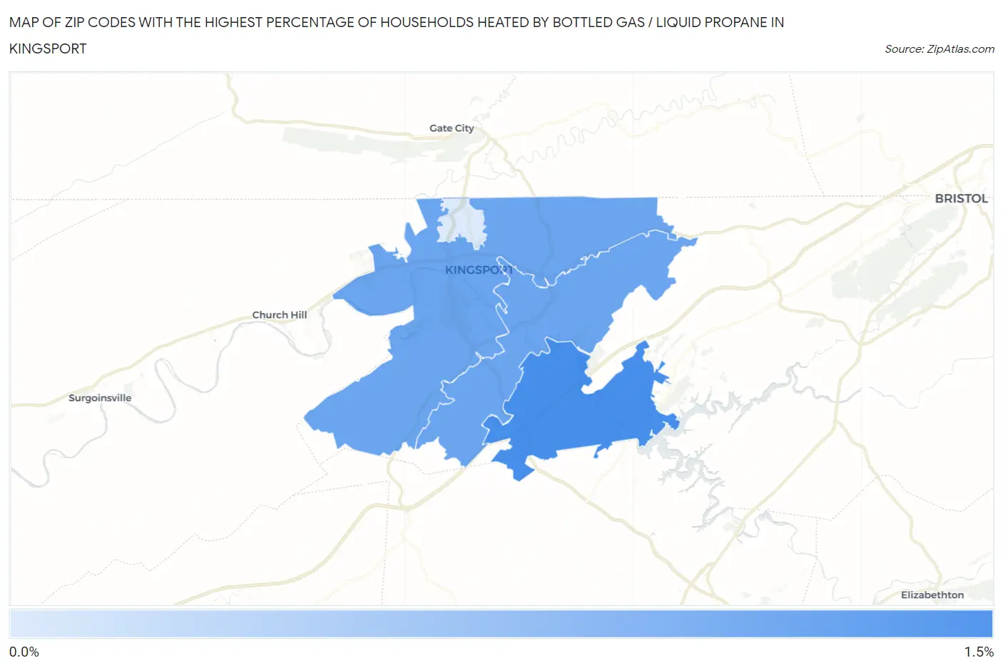 Zip Codes with the Highest Percentage of Households Heated by Bottled Gas / Liquid Propane in Kingsport Map