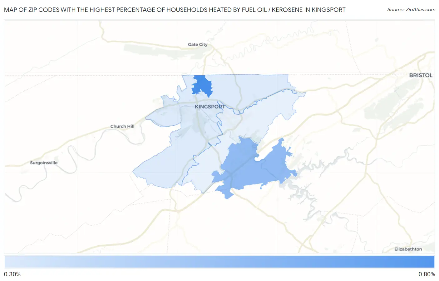 Zip Codes with the Highest Percentage of Households Heated by Fuel Oil / Kerosene in Kingsport Map