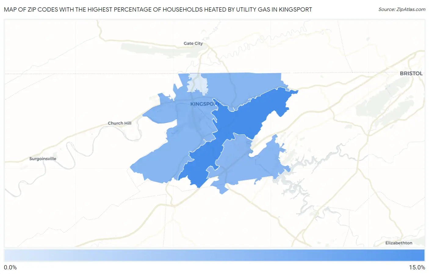 Zip Codes with the Highest Percentage of Households Heated by Utility Gas in Kingsport Map
