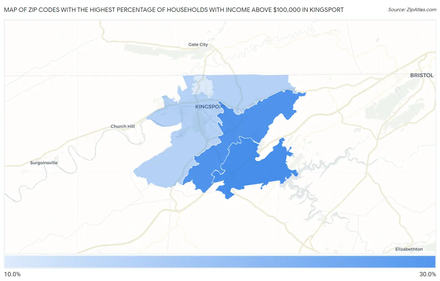 Zip Codes with the Highest Percentage of Households with Income Above $100,000 in Kingsport Map