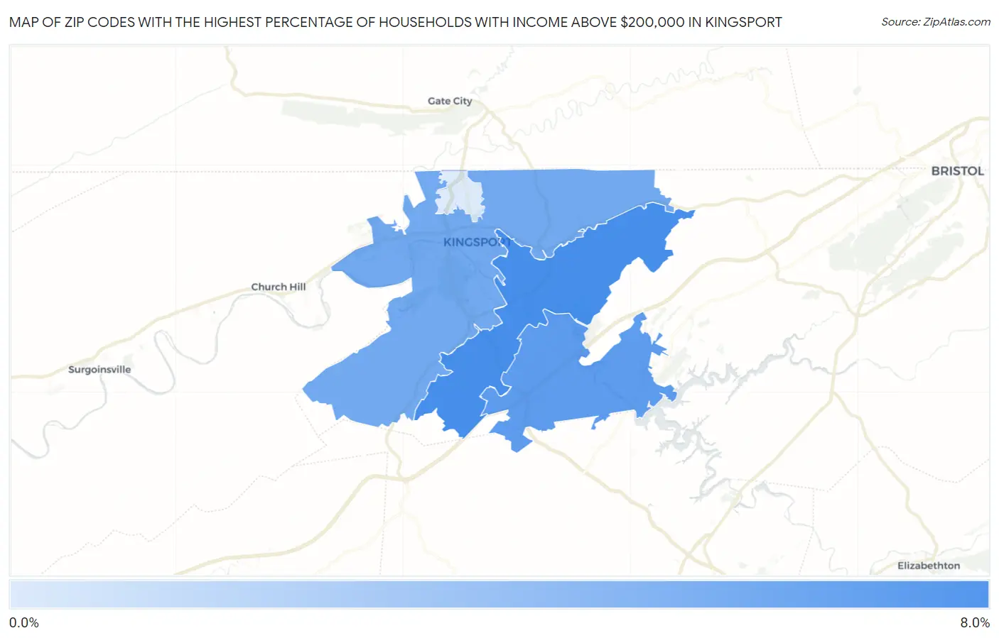Zip Codes with the Highest Percentage of Households with Income Above $200,000 in Kingsport Map
