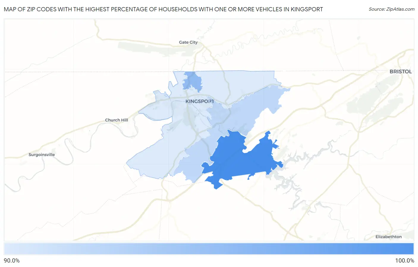 Zip Codes with the Highest Percentage of Households With One or more Vehicles in Kingsport Map