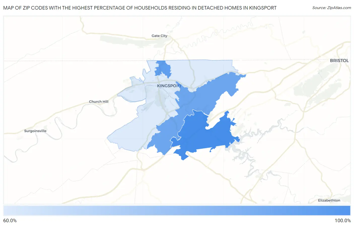 Zip Codes with the Highest Percentage of Households Residing in Detached Homes in Kingsport Map