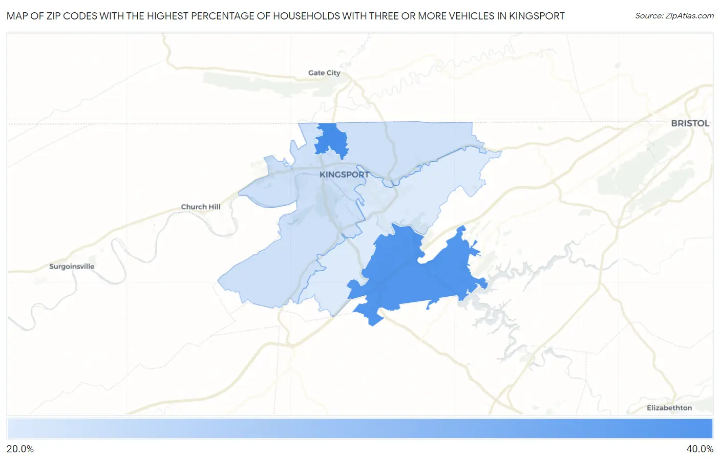 Zip Codes with the Highest Percentage of Households With Three or more Vehicles in Kingsport Map