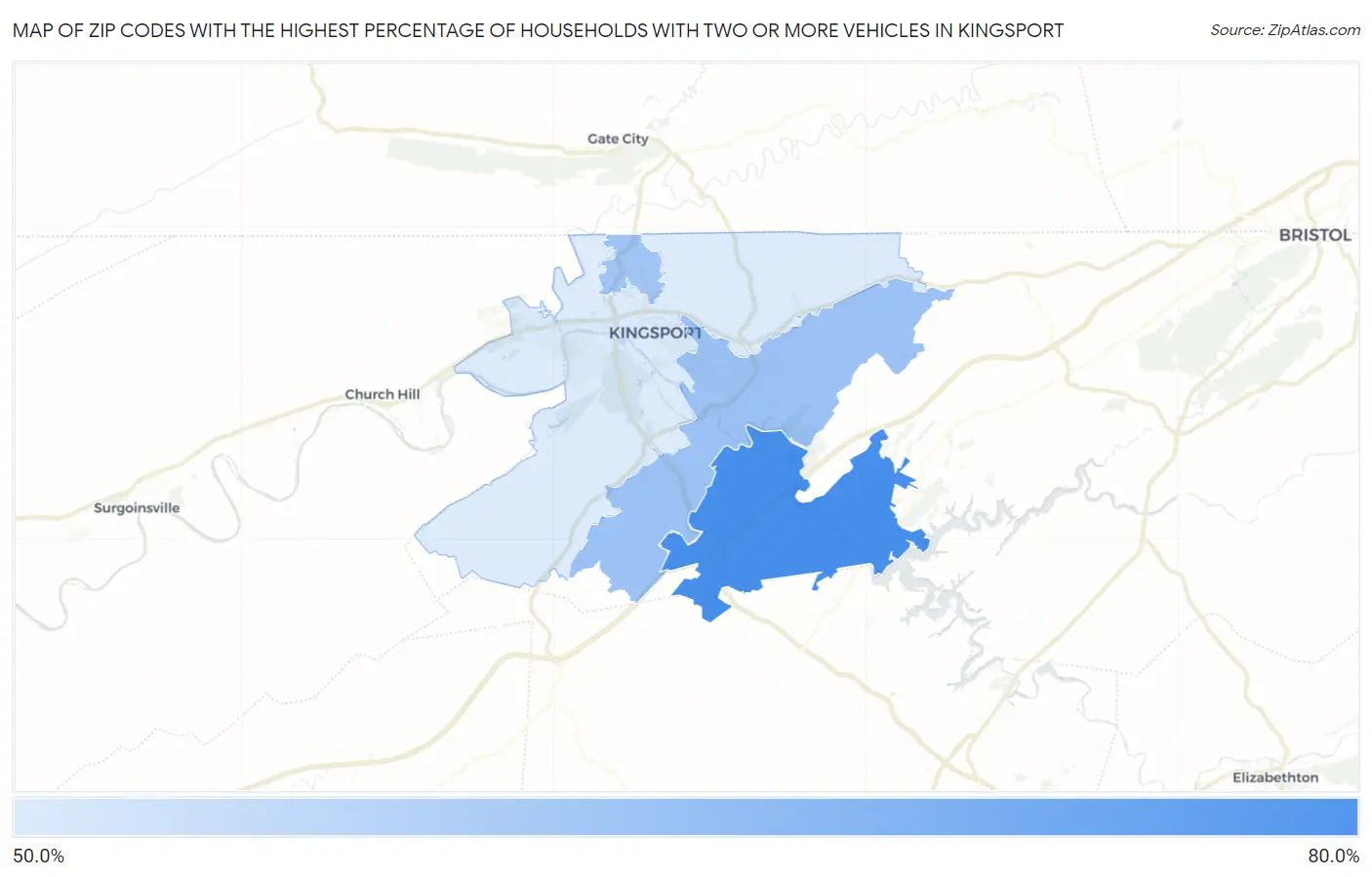 Zip Codes with the Highest Percentage of Households With Two or more Vehicles in Kingsport Map