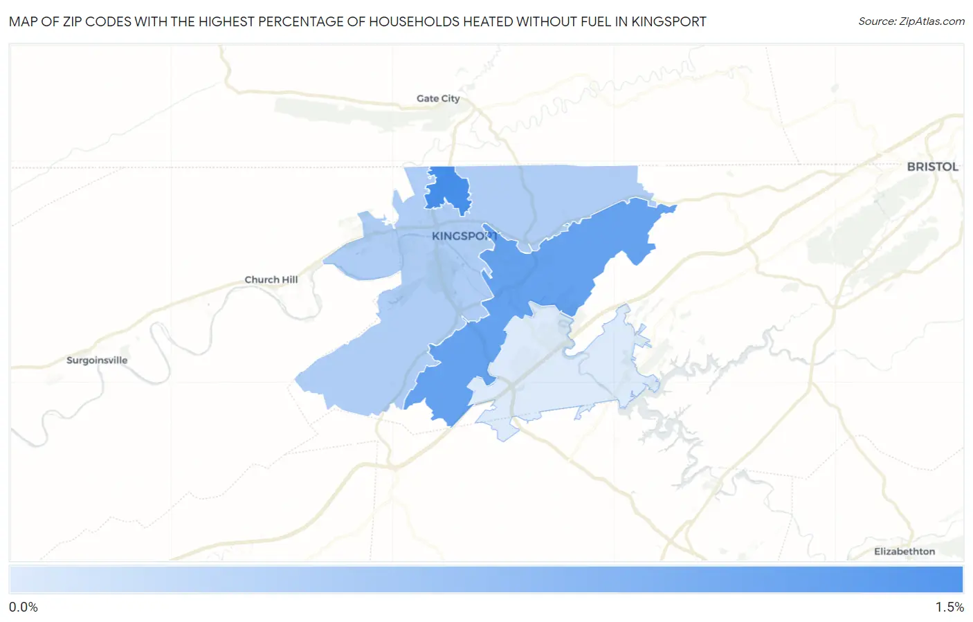 Zip Codes with the Highest Percentage of Households Heated without Fuel in Kingsport Map