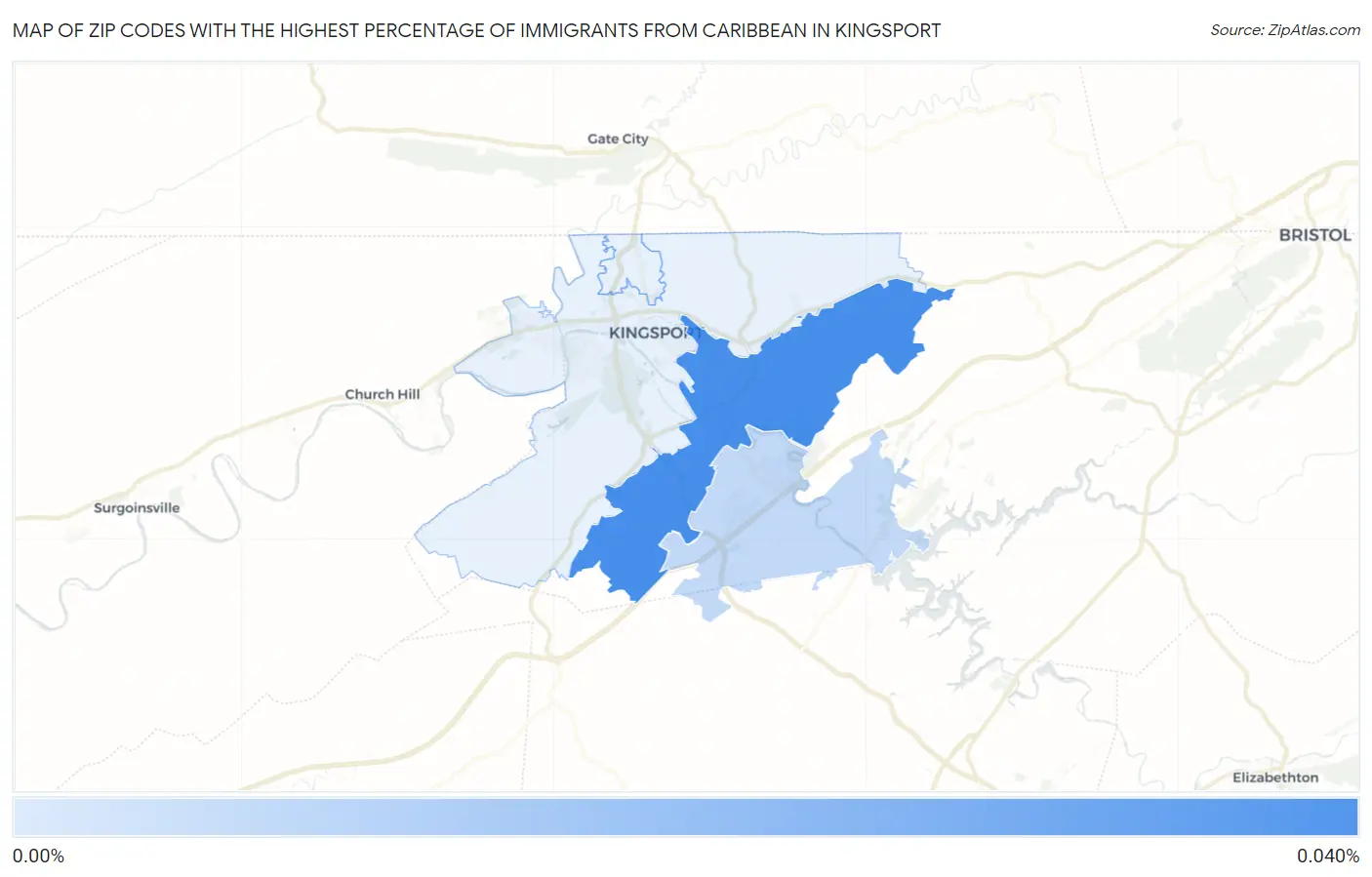 Zip Codes with the Highest Percentage of Immigrants from Caribbean in Kingsport Map