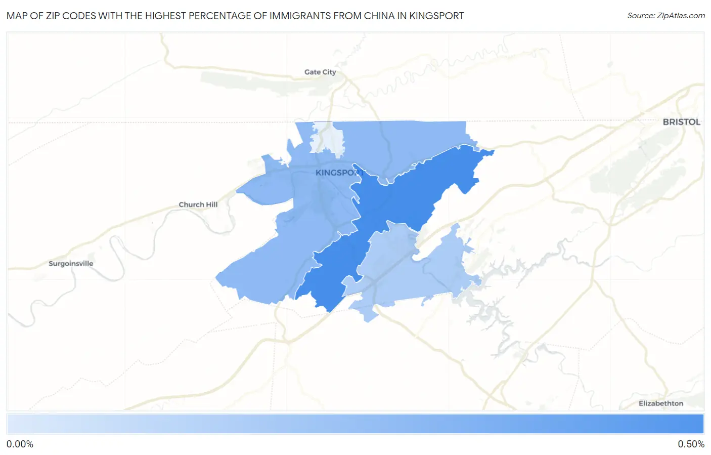 Zip Codes with the Highest Percentage of Immigrants from China in Kingsport Map