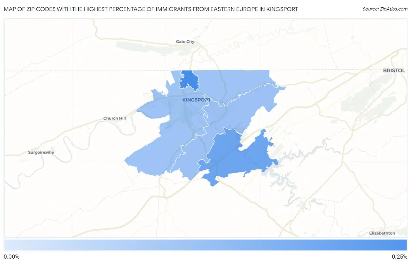 Zip Codes with the Highest Percentage of Immigrants from Eastern Europe in Kingsport Map