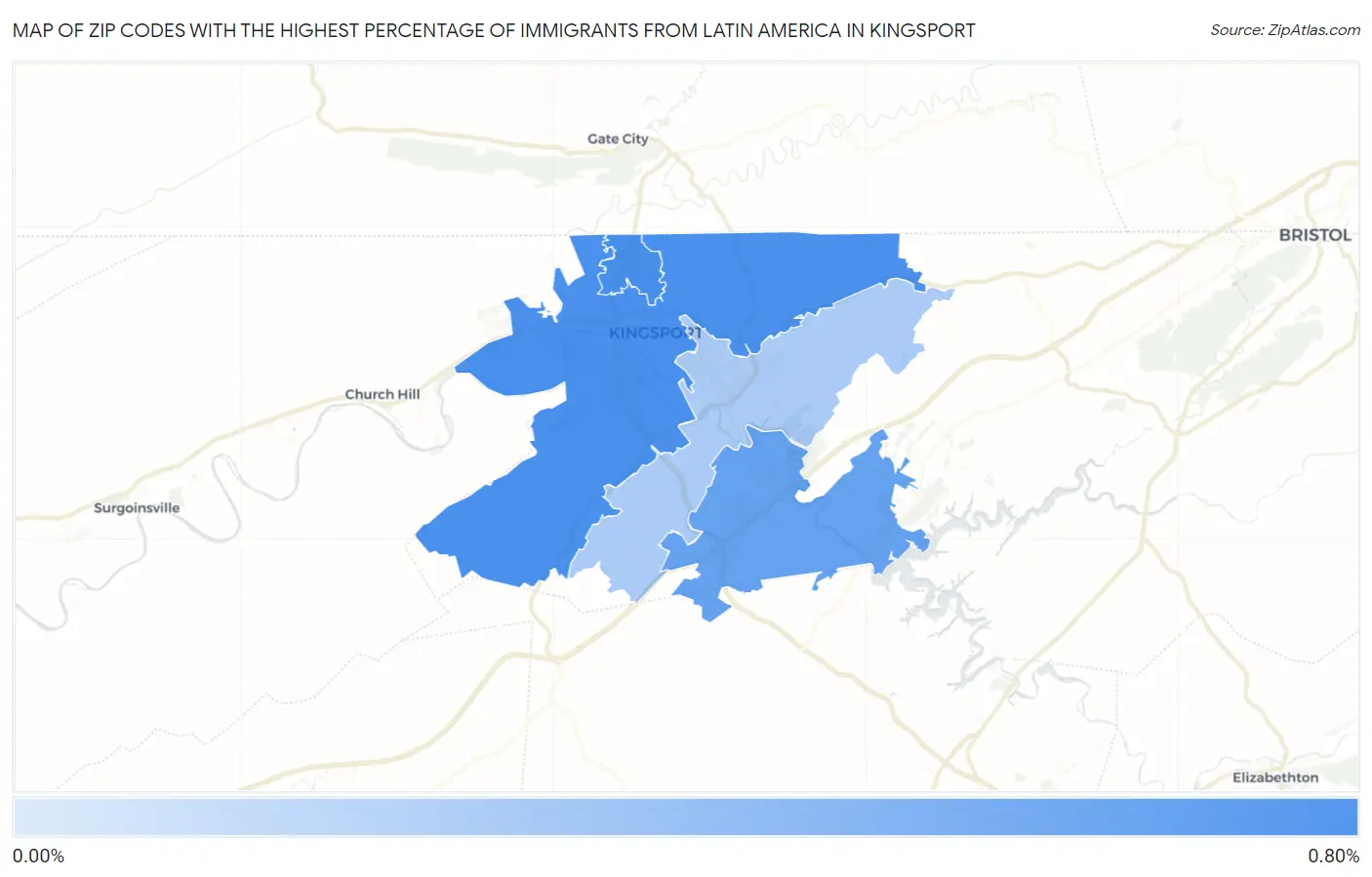 Zip Codes with the Highest Percentage of Immigrants from Latin America in Kingsport Map
