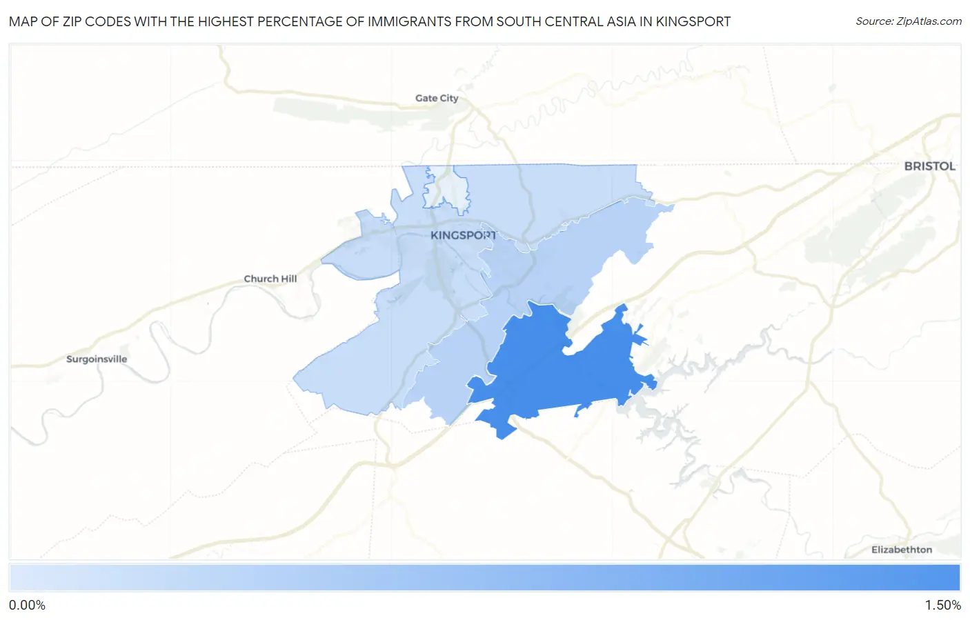 Zip Codes with the Highest Percentage of Immigrants from South Central Asia in Kingsport Map