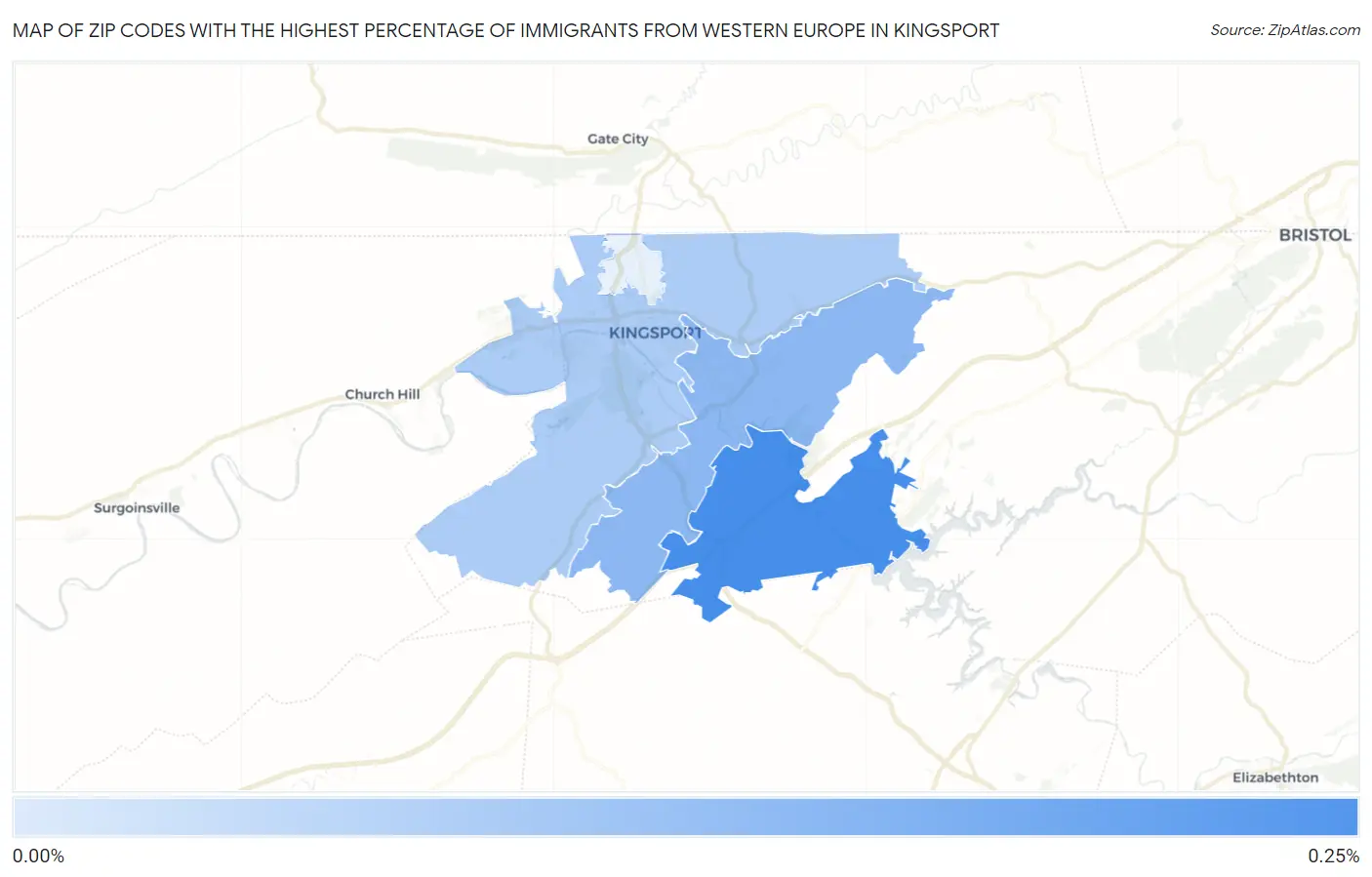 Zip Codes with the Highest Percentage of Immigrants from Western Europe in Kingsport Map