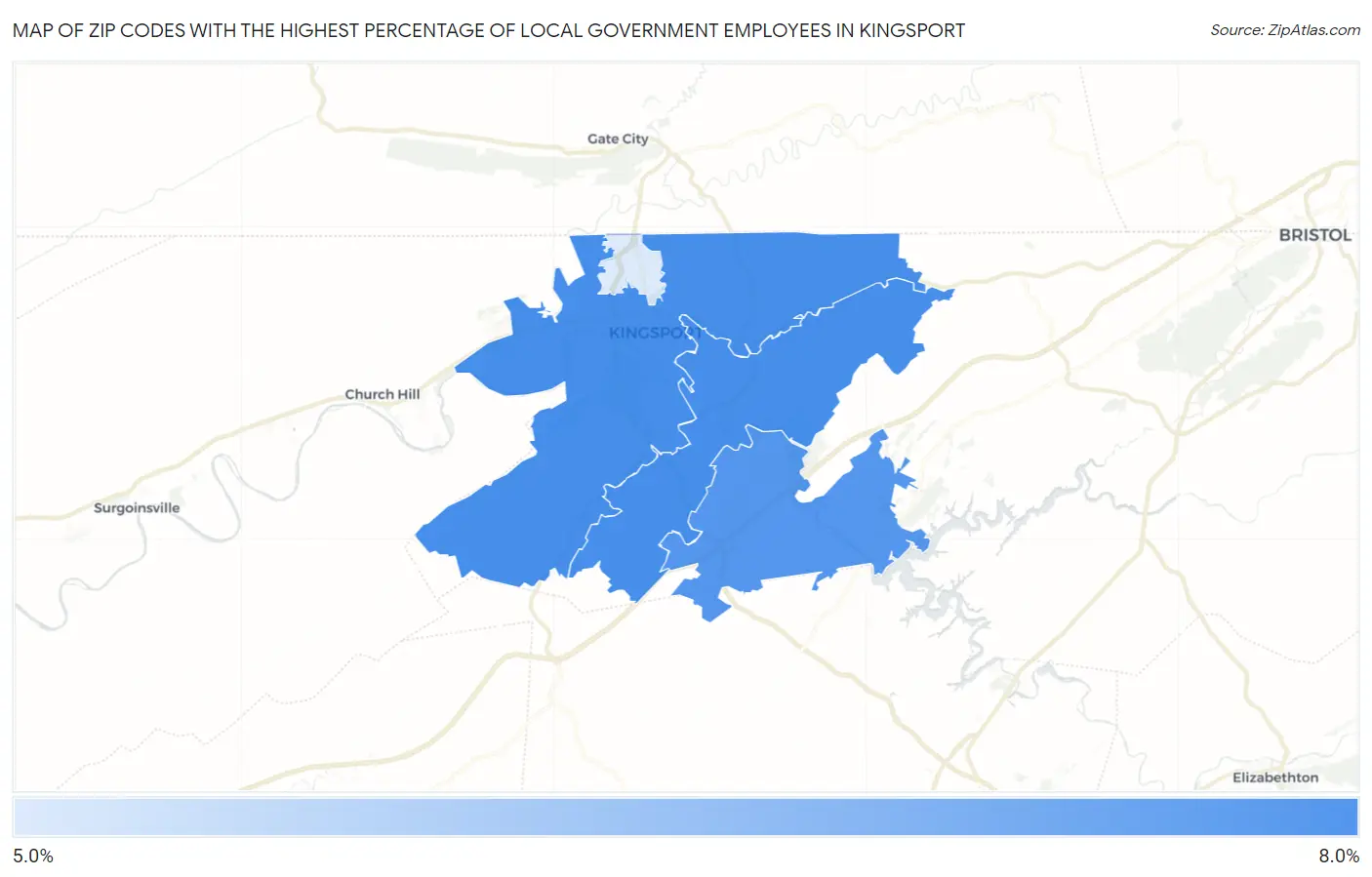 Zip Codes with the Highest Percentage of Local Government Employees in Kingsport Map