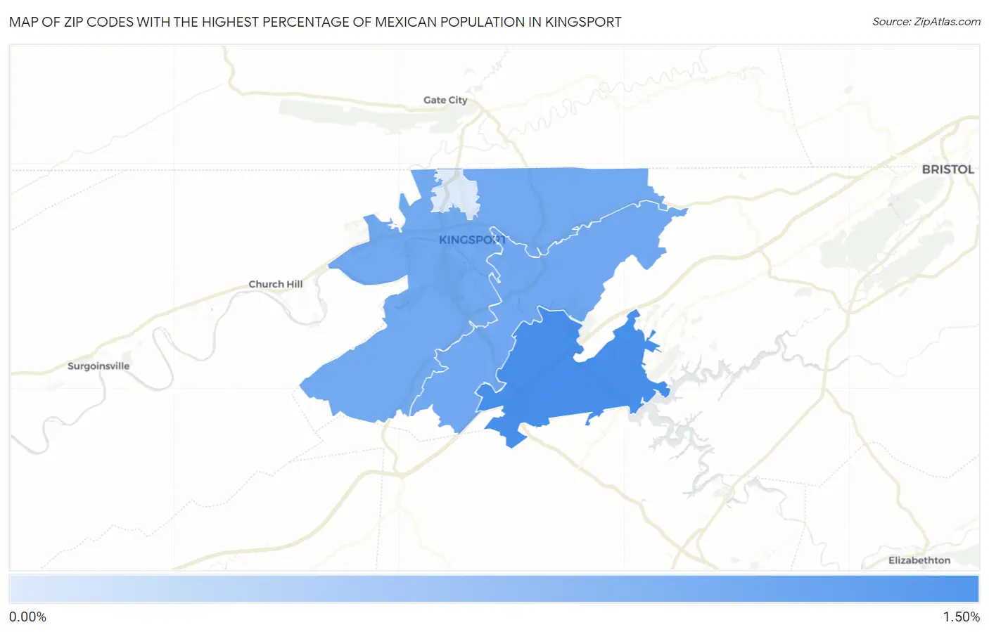 Zip Codes with the Highest Percentage of Mexican Population in Kingsport Map