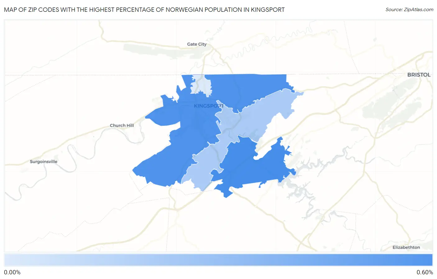 Zip Codes with the Highest Percentage of Norwegian Population in Kingsport Map