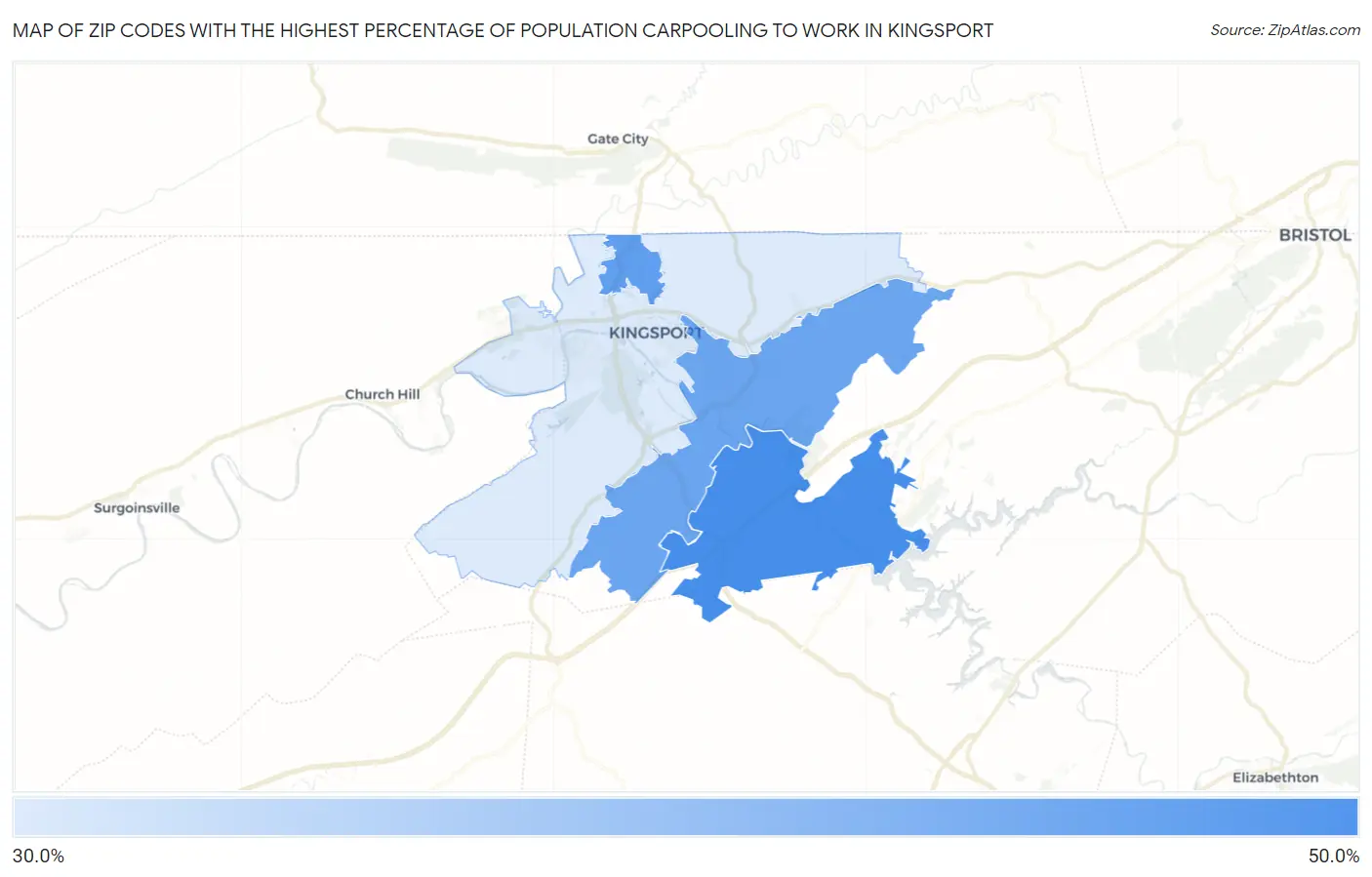 Zip Codes with the Highest Percentage of Population Carpooling to Work in Kingsport Map